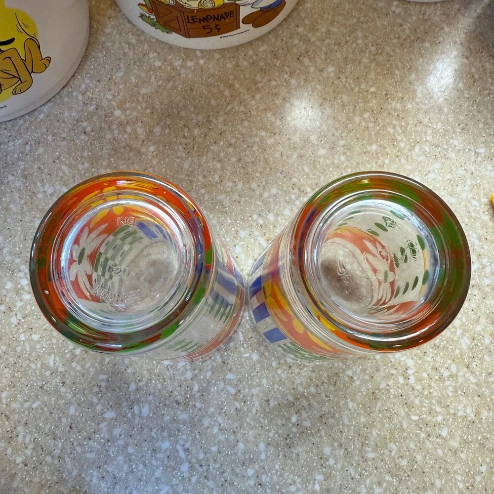 2 Vintage KIG  Multi Color 6” Glasses Tumblers Orange Blue Green Yellow Flower